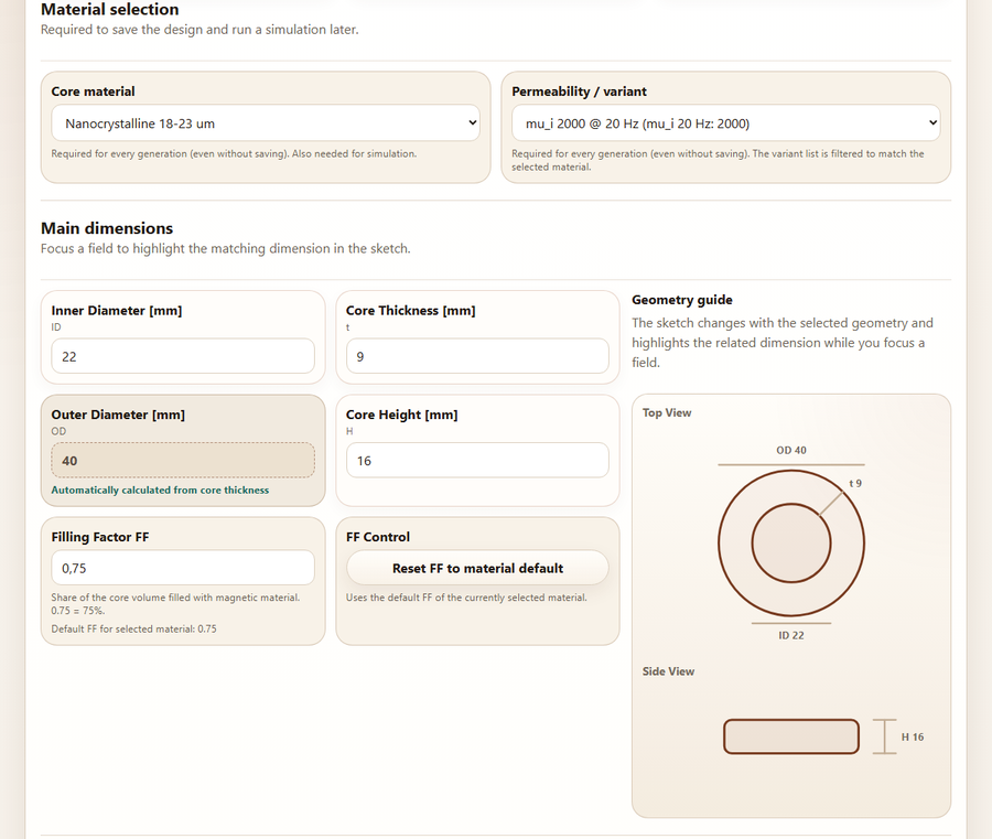 Filled-in generator form with core material, dimensions and geometry sketch for a round ring core
