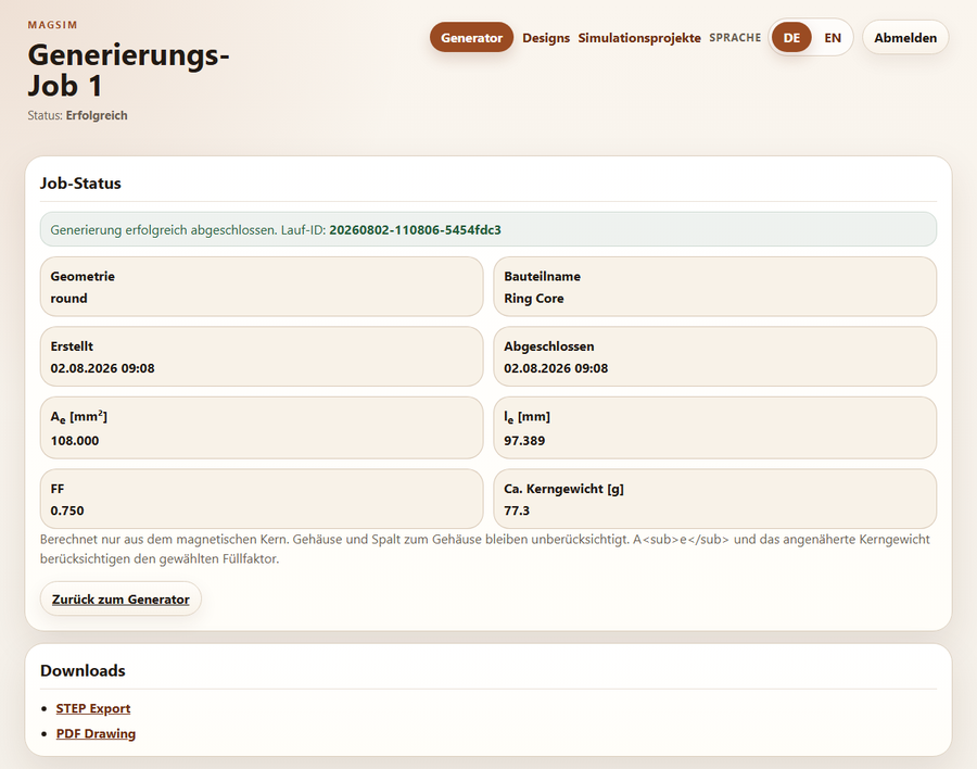 Erfolgreich abgeschlossener Generierungs-Job mit magnetischen Kenngrößen und Downloads für STEP Export und PDF Drawing