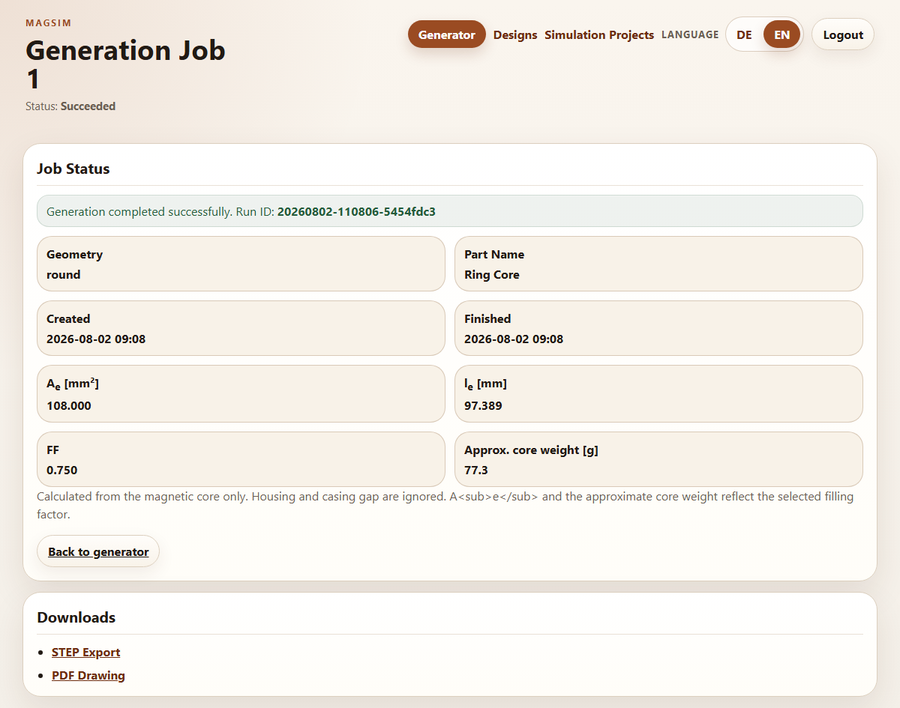 Successfully completed generation job with magnetic characteristics and downloads for STEP Export and PDF Drawing