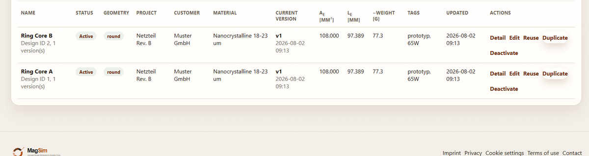 Design library with two saved designs and the quick actions Detail, Edit, Reuse, Duplicate and Deactivate