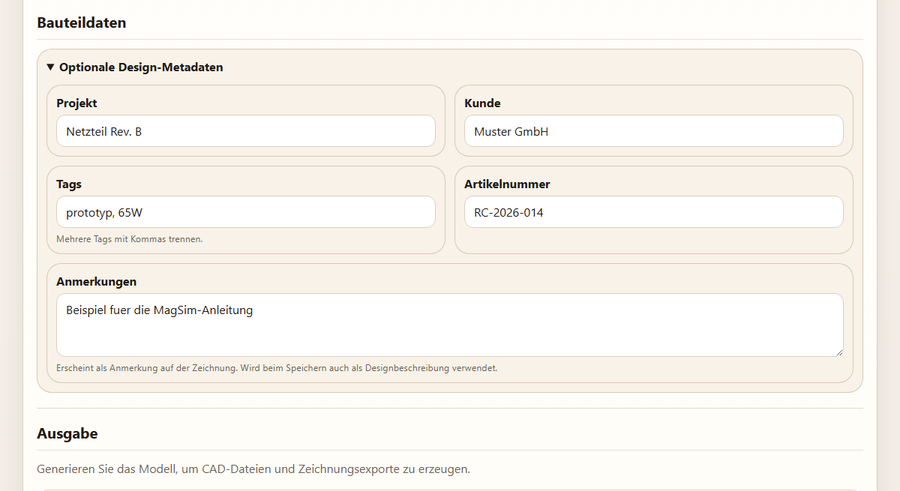 Ausgeklappter Bereich Bauteildaten mit Projekt, Kunde, Tags, Artikelnummer und Anmerkungen