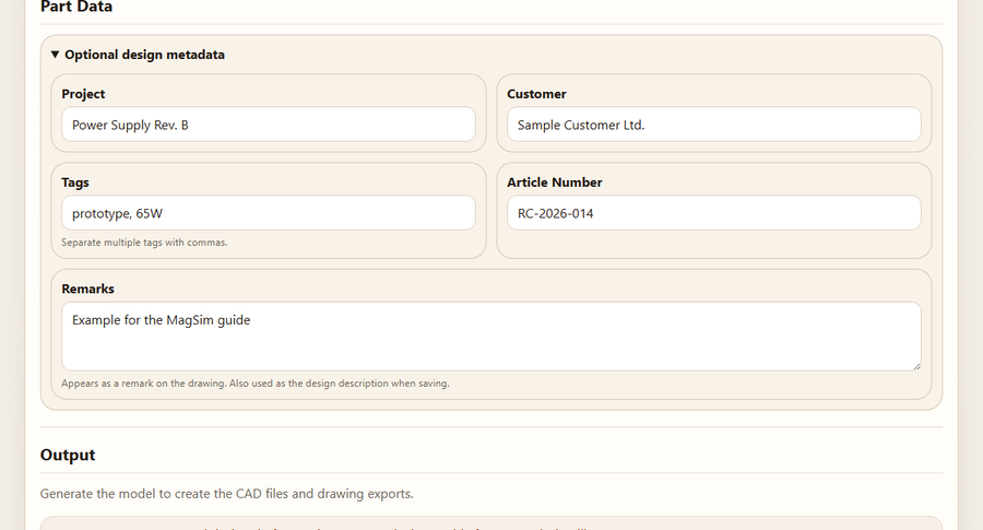 Expanded Part Data section with project, customer, tags, article number and remarks