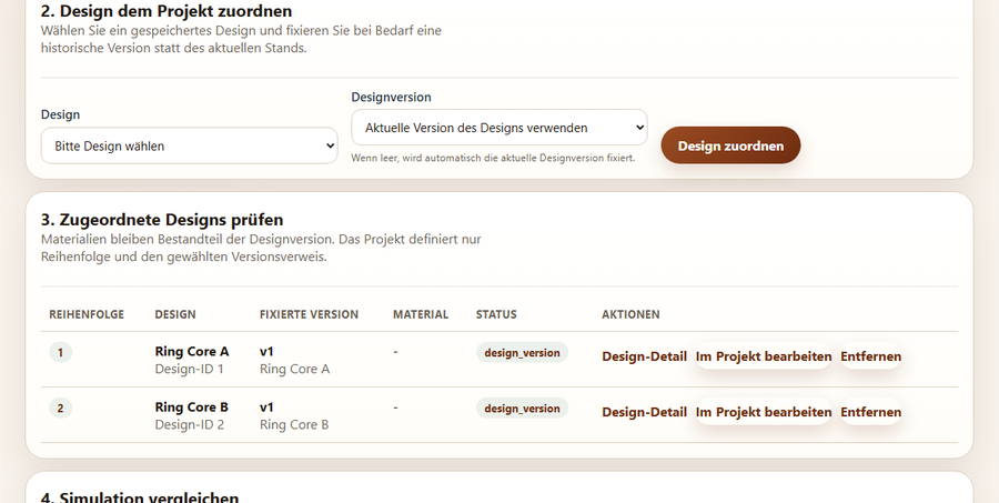 Simulationsprojekt-Detailseite mit Formular zum Zuordnen eines Designs und Tabelle der zugeordneten Designs inklusive Entfernen-Aktion