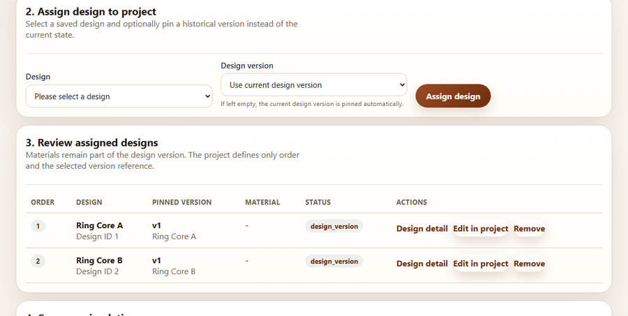 Simulation project detail page with a form to assign a design and a table of assigned designs including a remove action