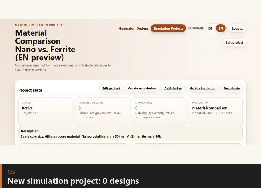 Animated sequence: assign two equally sized designs to a simulation project and compare them on the AL/impedance chart